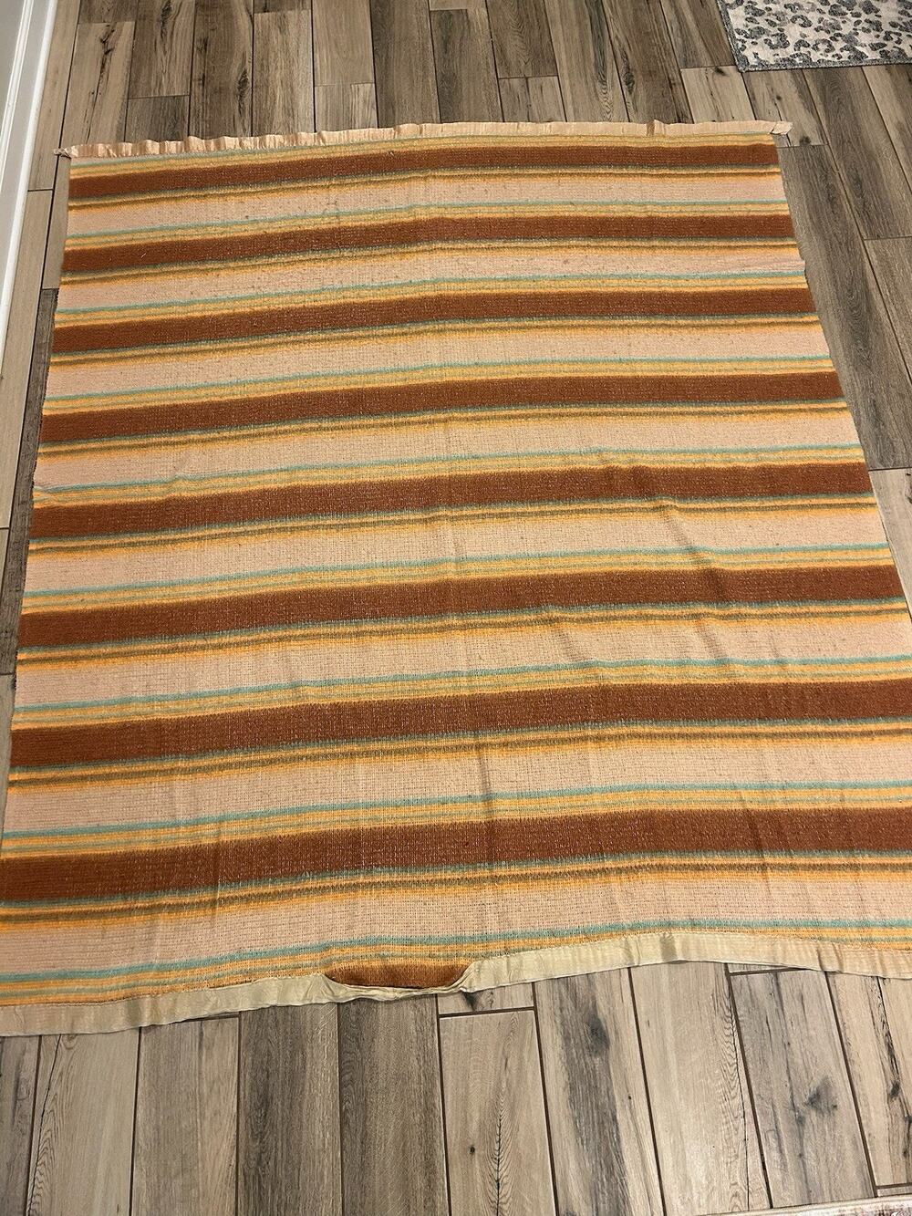 Vintage 70s Striped Open Weave Blanket Satin Trim Orange Yellow Brown 65x76